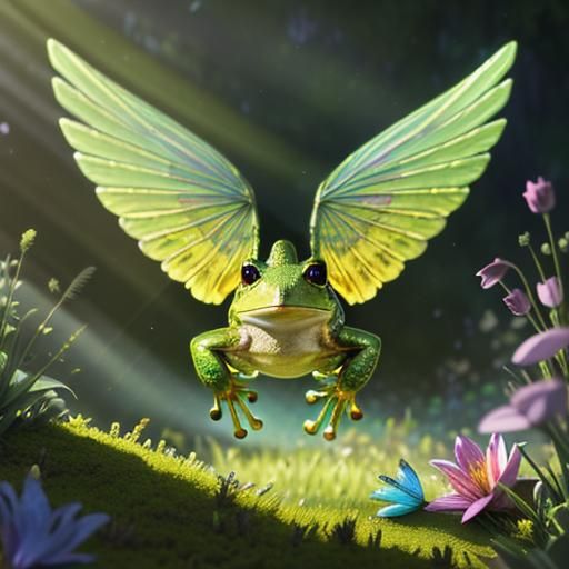 Whimsical Winged Frog Hopping in Lush Meadow