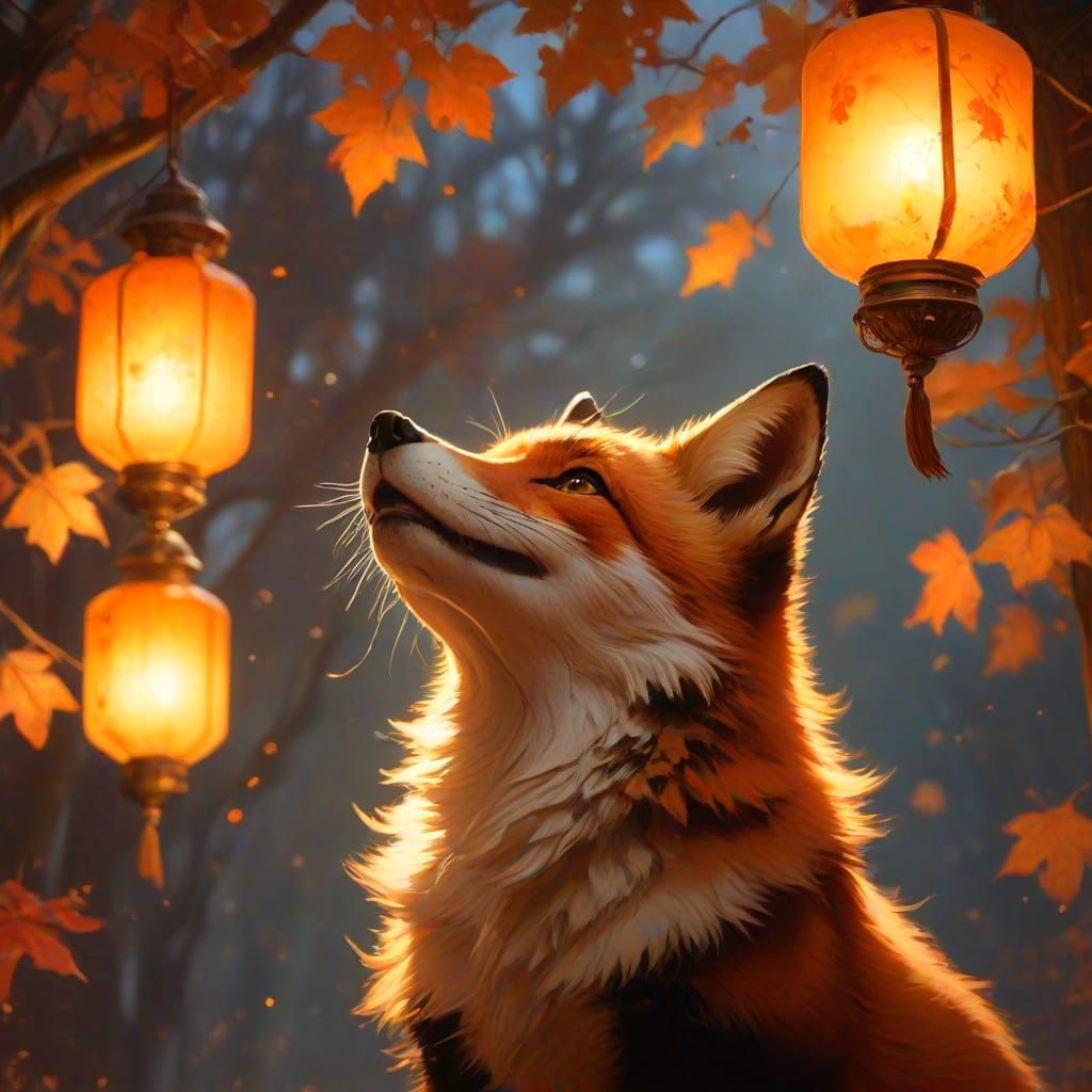 Fox Gazing at Lanterns in Frazetta Style