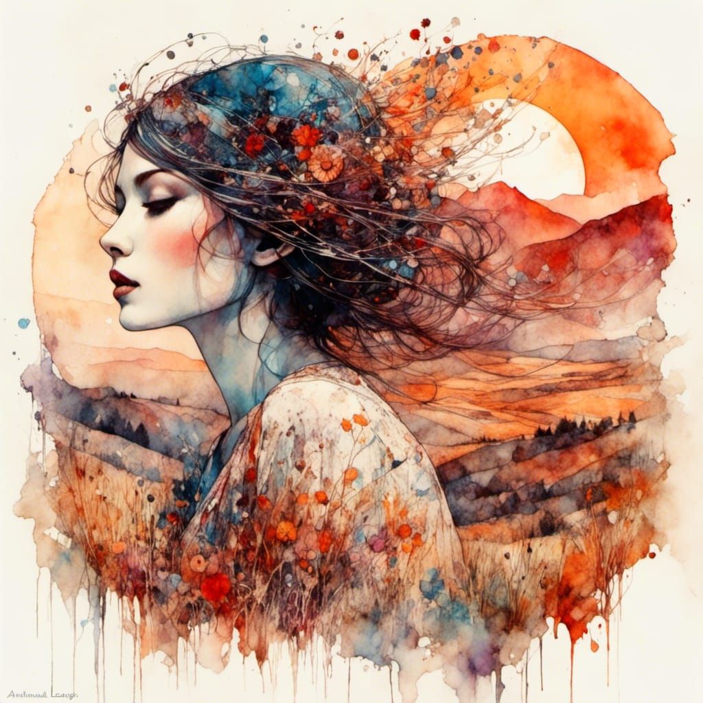 Girl on Hill in Art Brut Liquid Ink Style