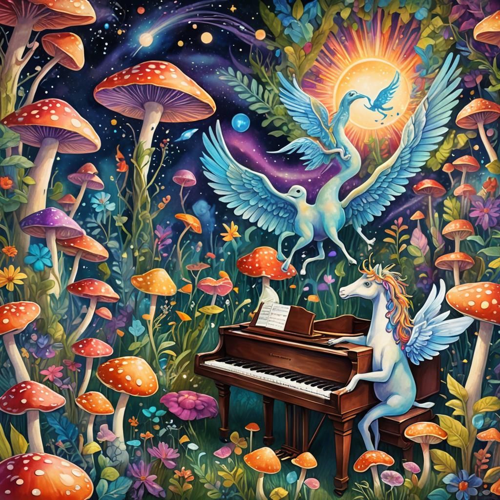 Humanoid Mushrooms Play Piano, Cosmic Astral Illustration