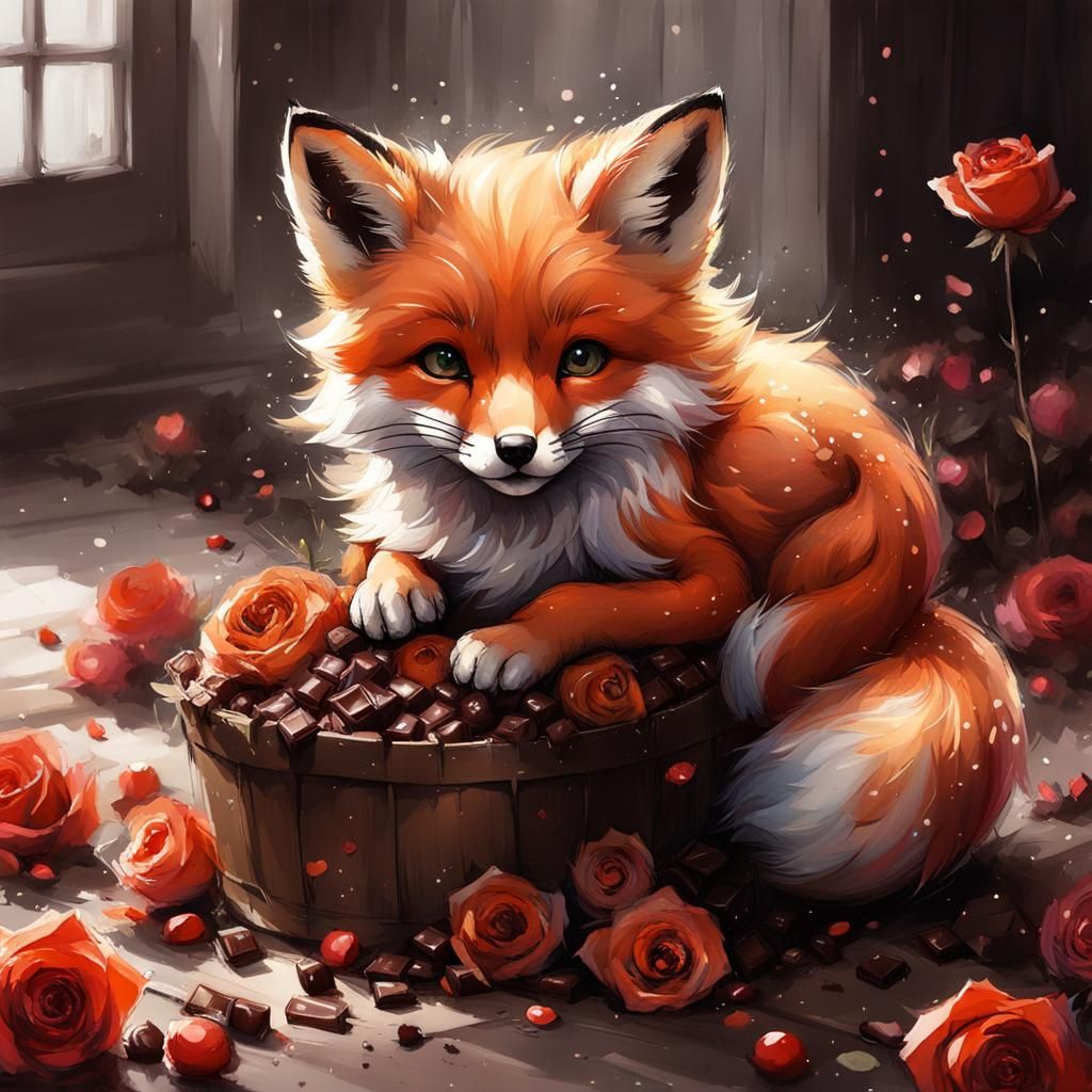 Adorable Fox Pup with Chocolate Roses