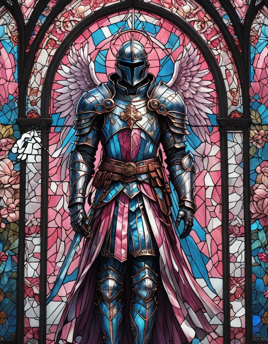Gothic Stained Glass Knight Angel in Pink and Blue