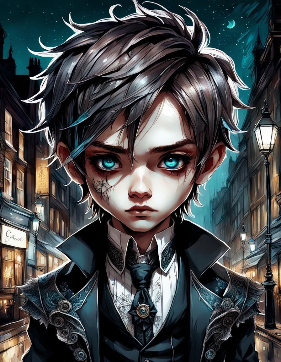 Chibi Victorian Boy in Gothic London: Ink Illustration