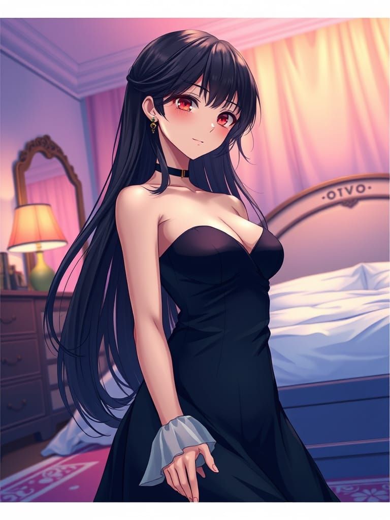 Elegant Anime Woman in Serene Bedroom