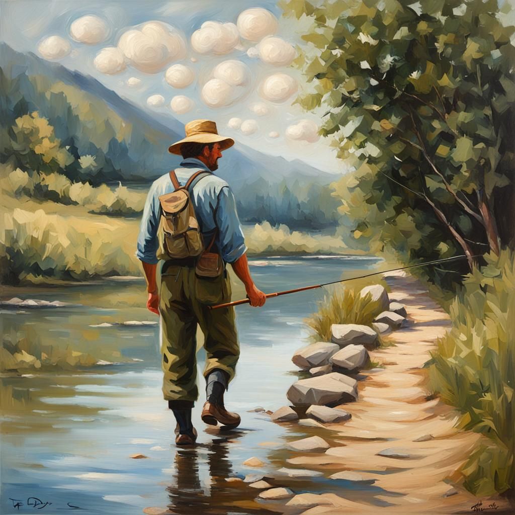 Fisherman by River: Oil Painting with Speech Bubble
