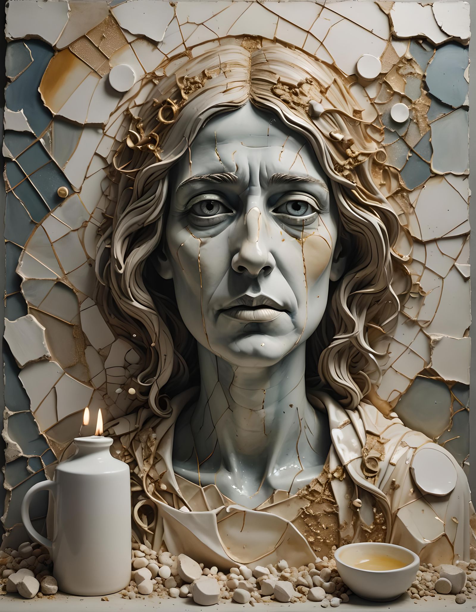 Surreal Sadness Portrait in Salt Glazing Style