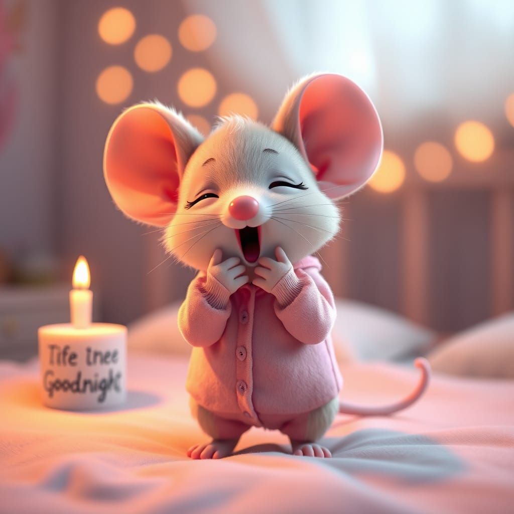 Cute Baby Mouse in Pajamas Yawning on Cozy Bed