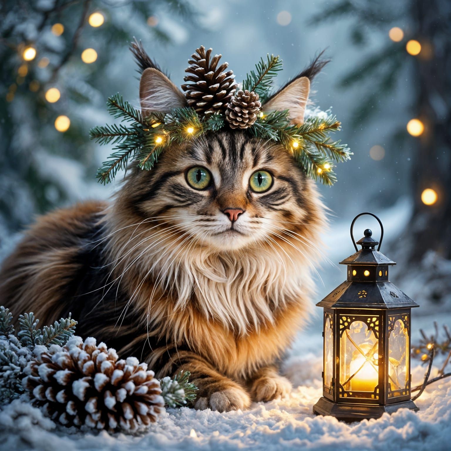 Enchanted Forest Cat with Lantern and Crown