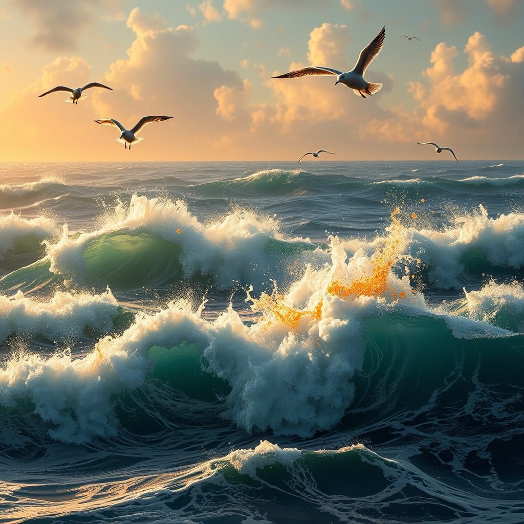 Oceanic Majesty with Seagulls in Flight