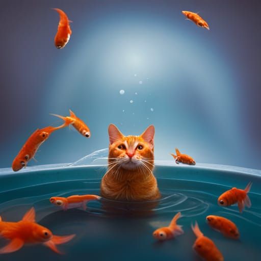 Cat Bathes in Goldfish Pool: Detailed Animal Portrait