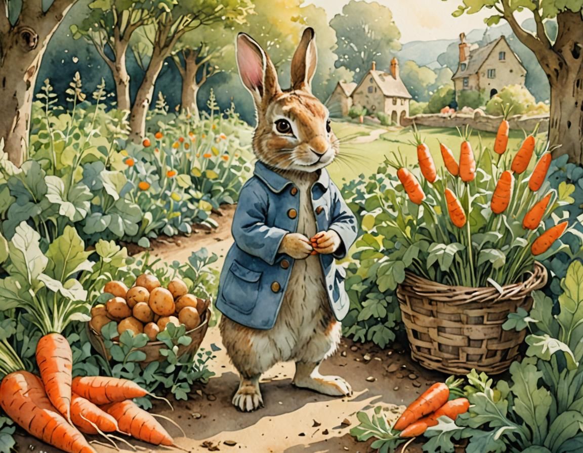Peter Rabbit Picking Carrots in Watercolor Illustration