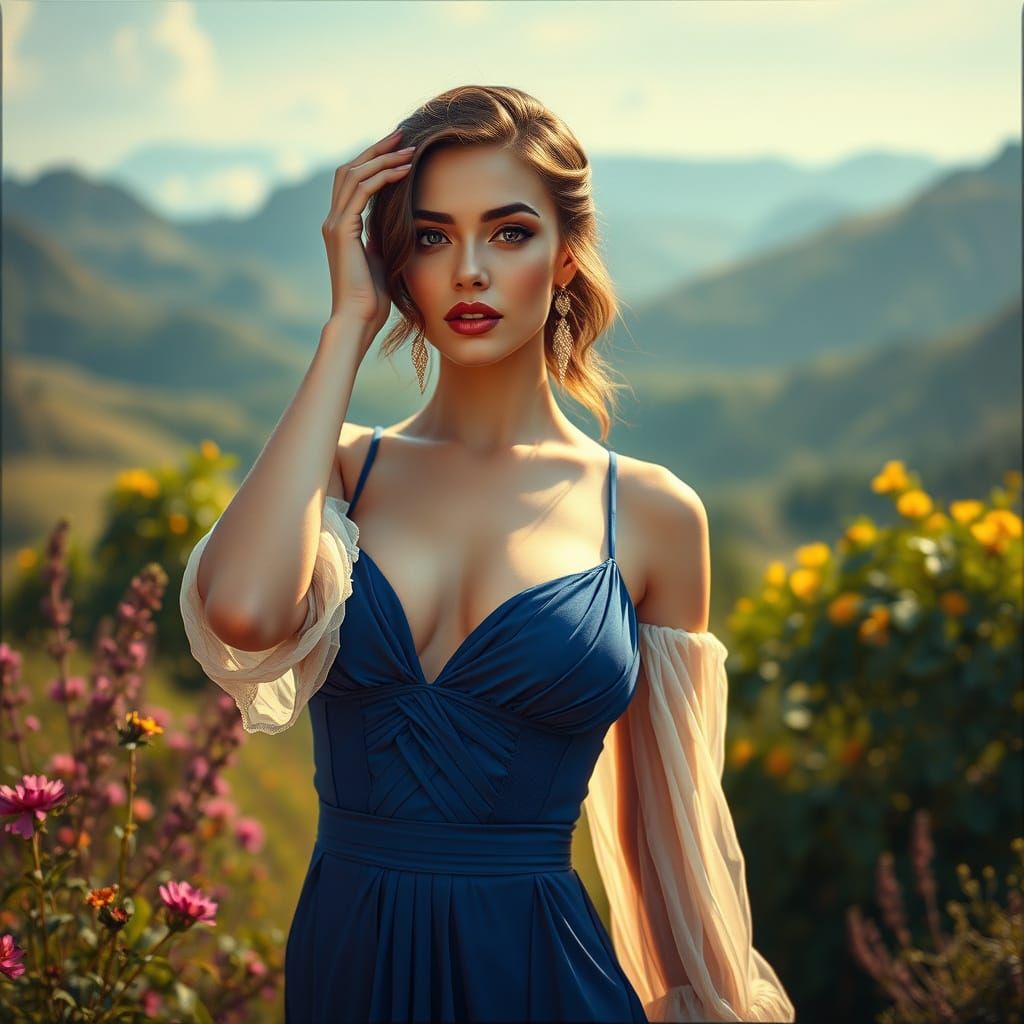 Elegant Movie Star in Lush Landscape, Oil Painting