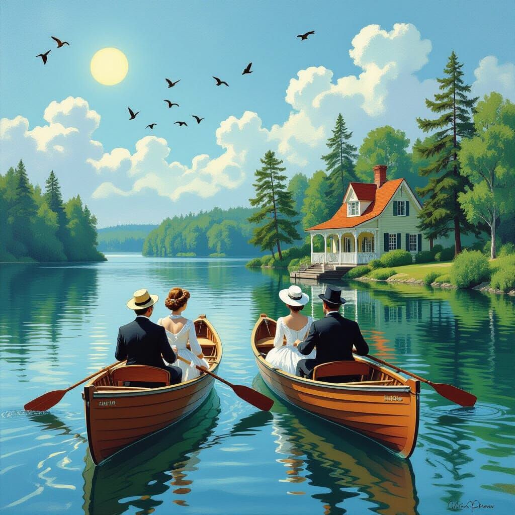 Victorian Couples Boating on Serene Lake, Fine Art