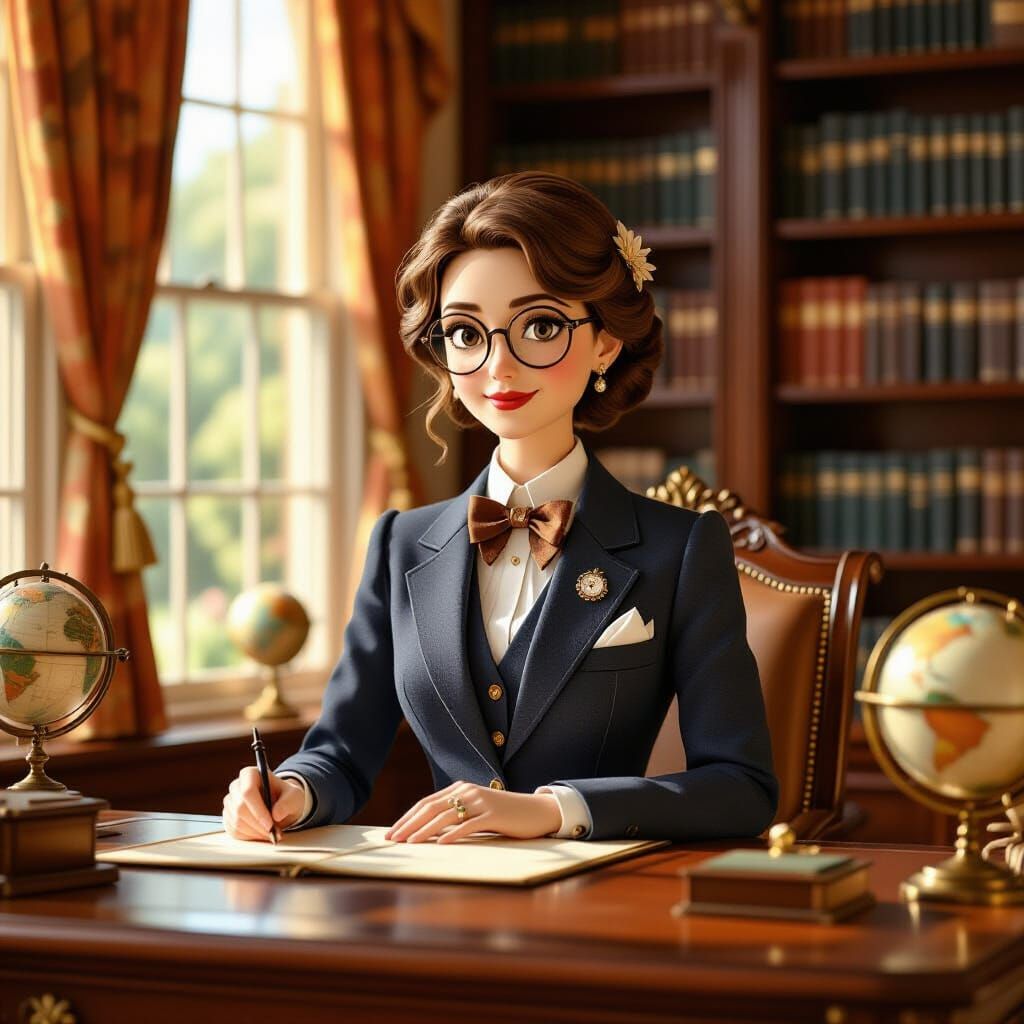 Elegant Lady in Study, Felted Fabric Ghibli Style