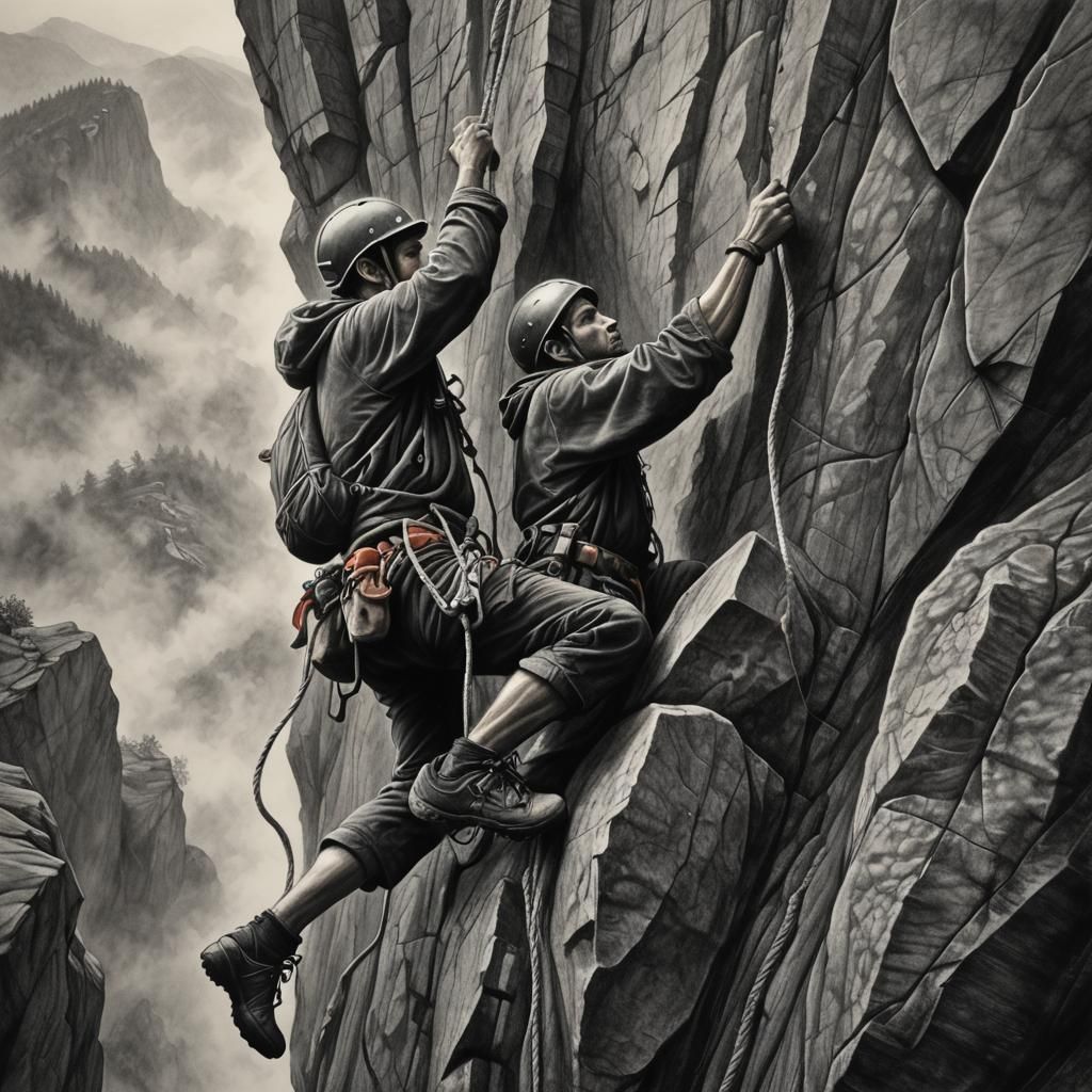 Climber on Steep Cliff: Hyperdetailed Charcoal Drawing