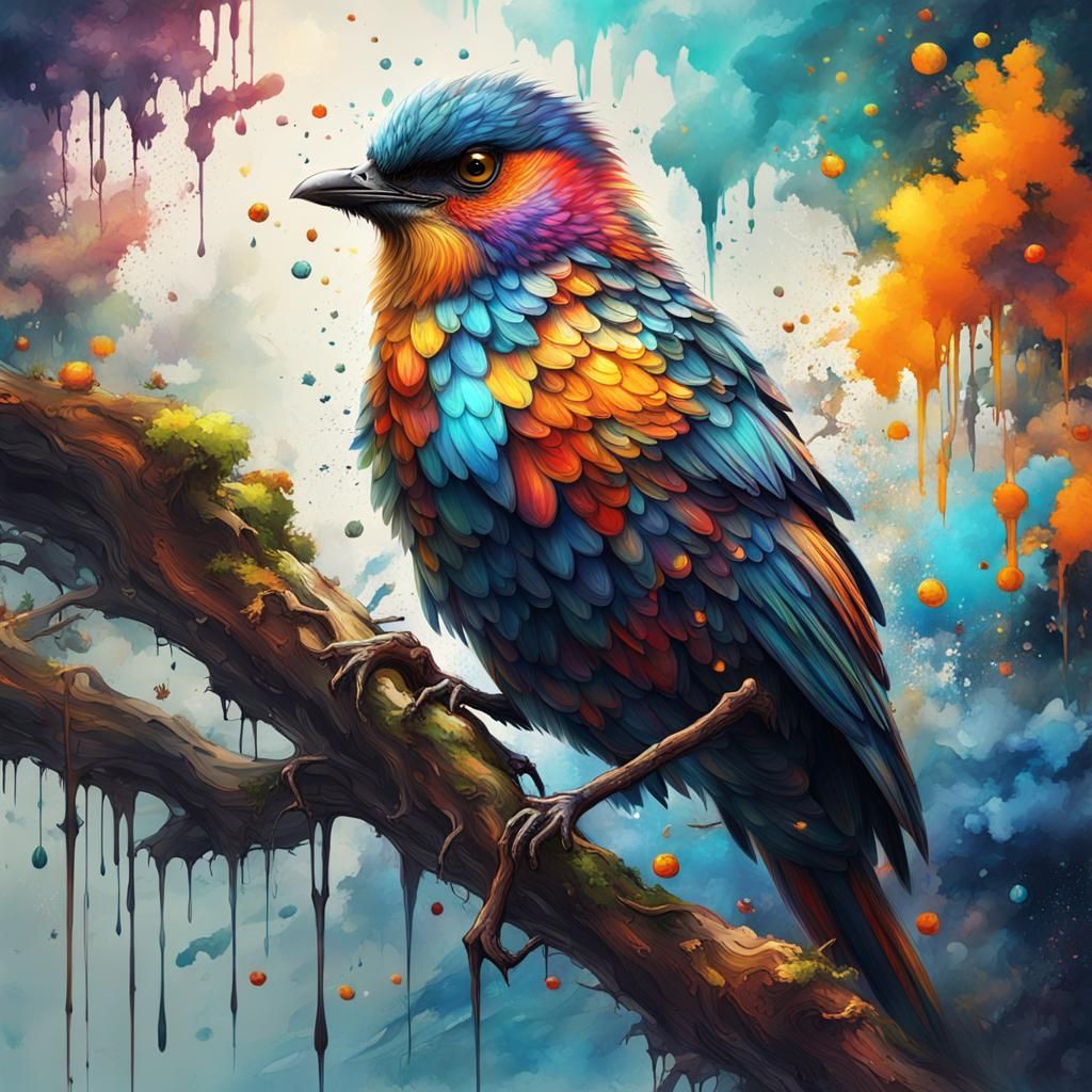 Bird on Branch: Maximalist Drip Painting in 8K