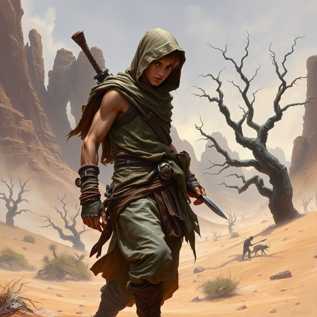 Elf Thief Navigating Desert, Realistic Fantasy Art