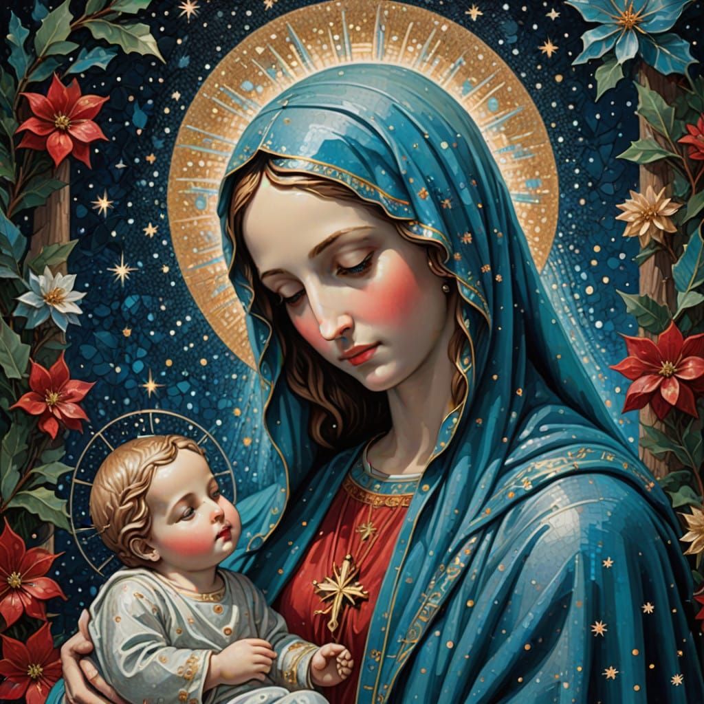 Midnight Christmas Portrait of Virgin Mary in Celestial Blue...