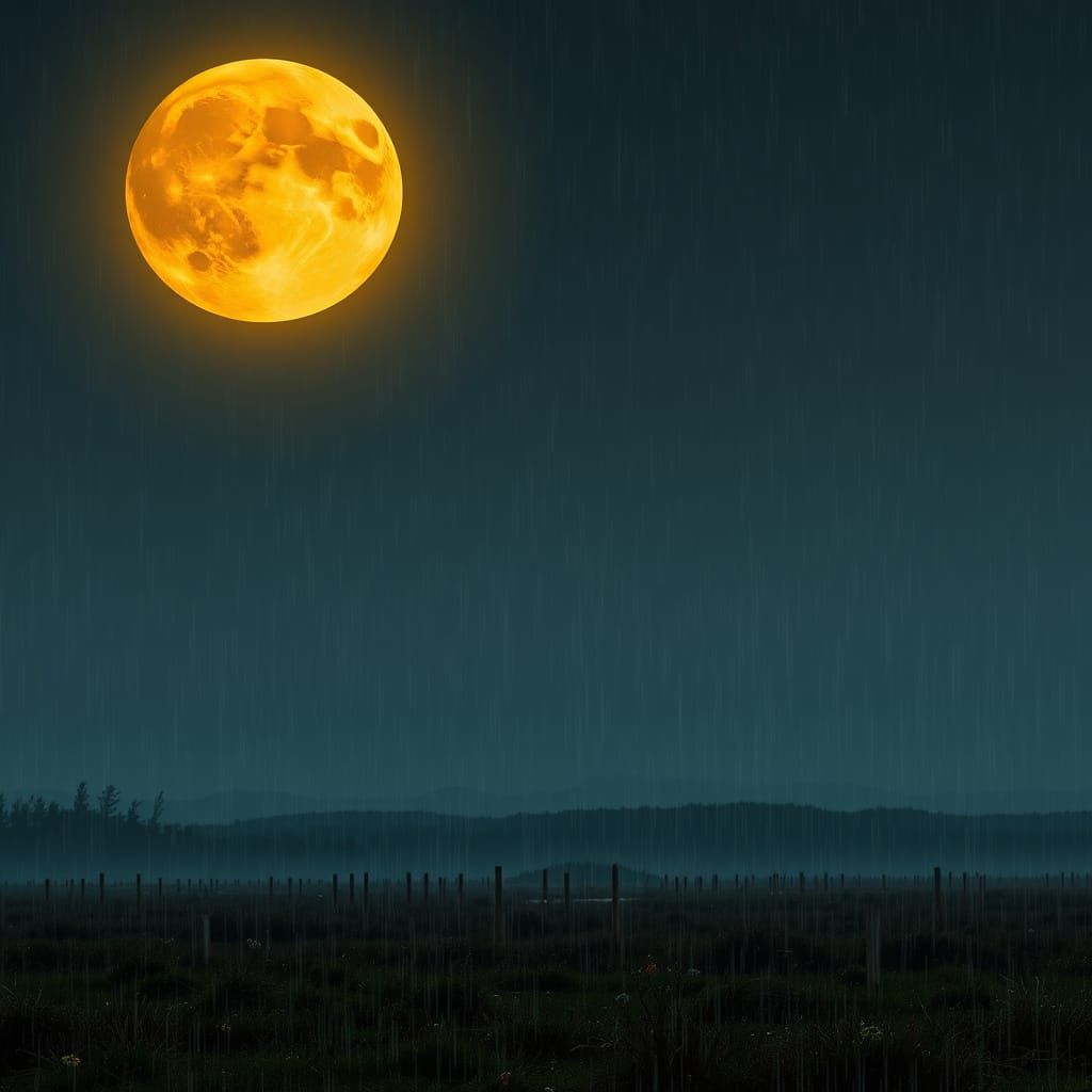 Golden Moon Illuminates Rainy Landscape