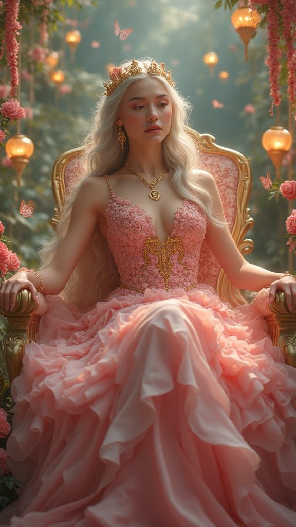 Celestial Garden: Woman on Rose Throne in Fantasy Art Style