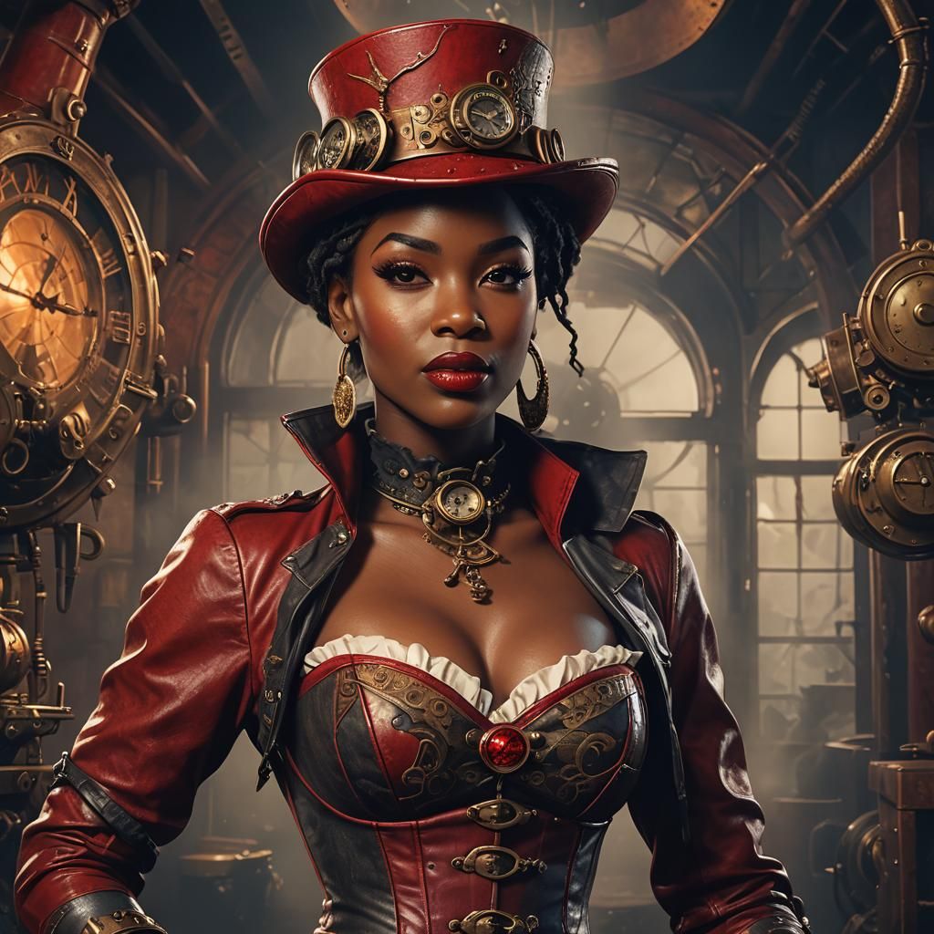 Steampunk African Pin-Up Portrait in Detailed Matte Painting
