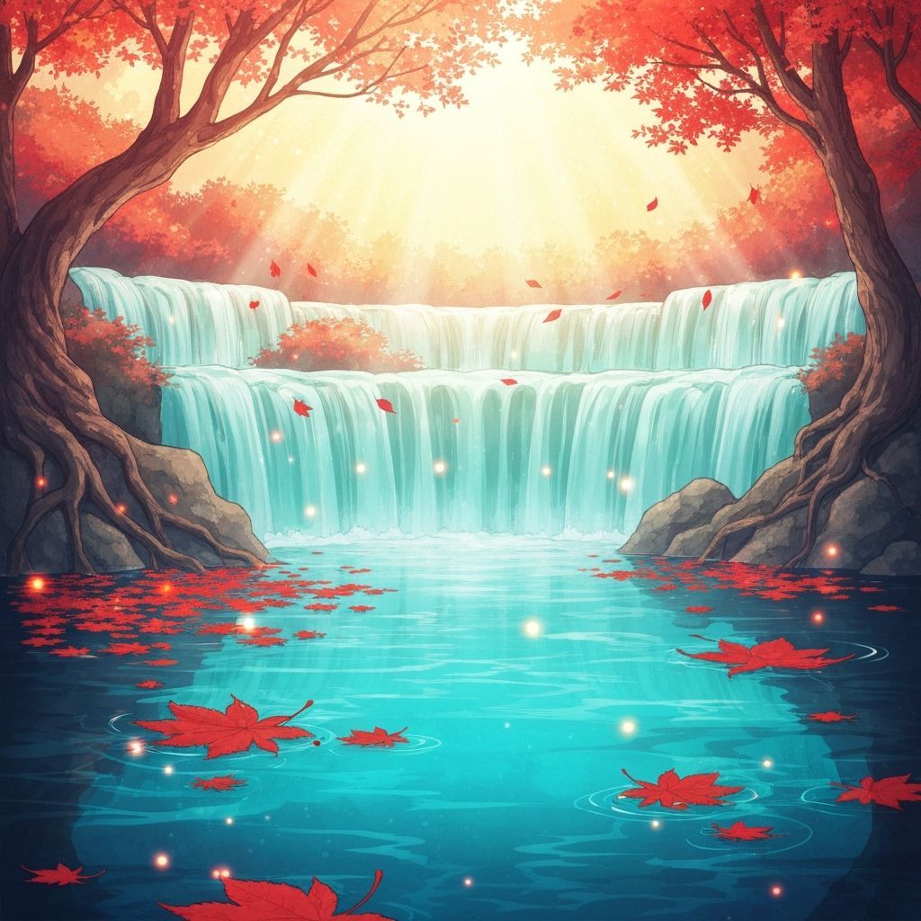 Surreal Autumn Waterfall with Glowing Sunlight and Dreamlike...