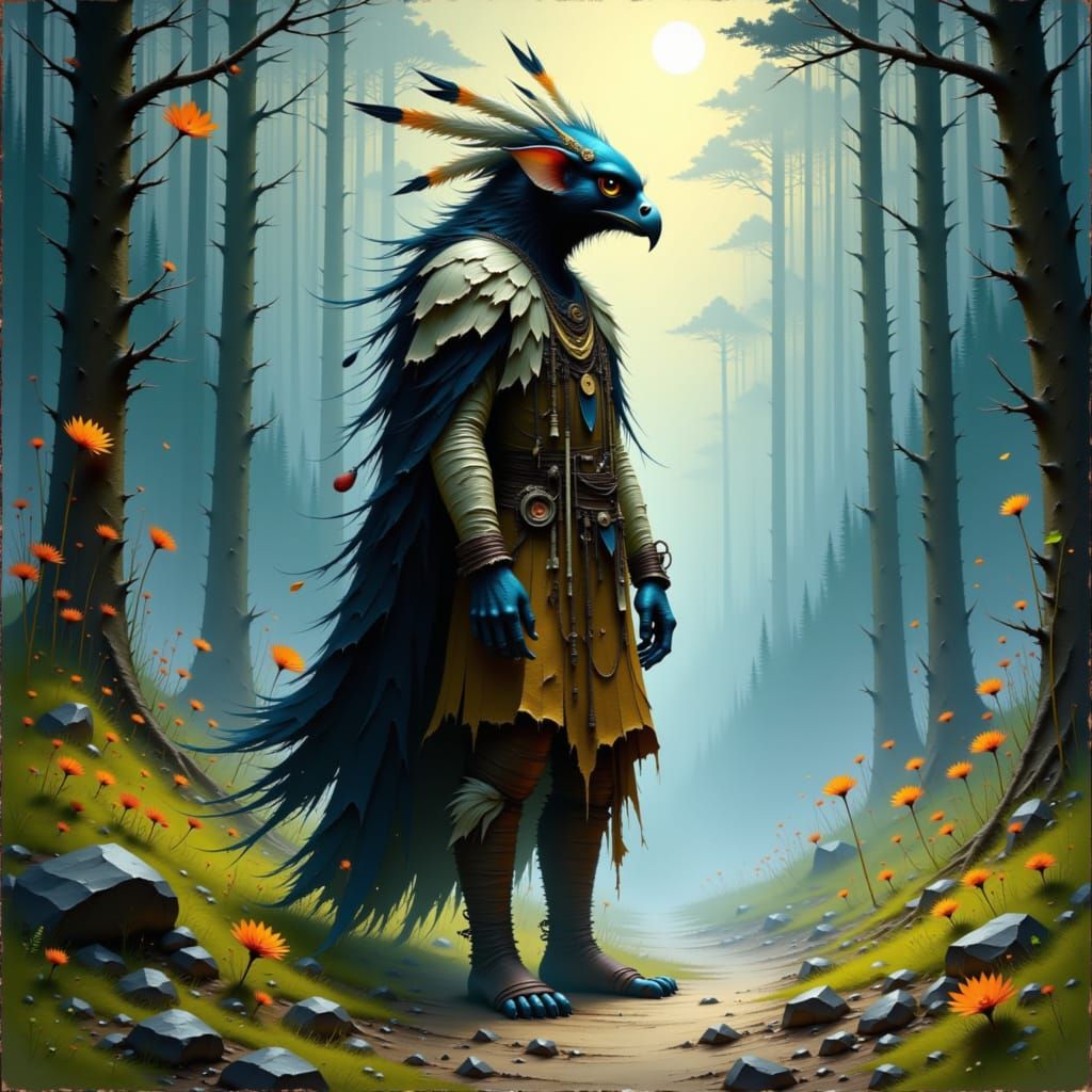 Falcon in Feathered Regalia in Misty Forest