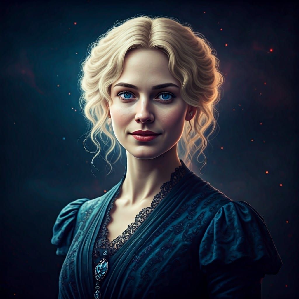 Victorian Woman in Dark Blue Gown: Fantasy Concept Art