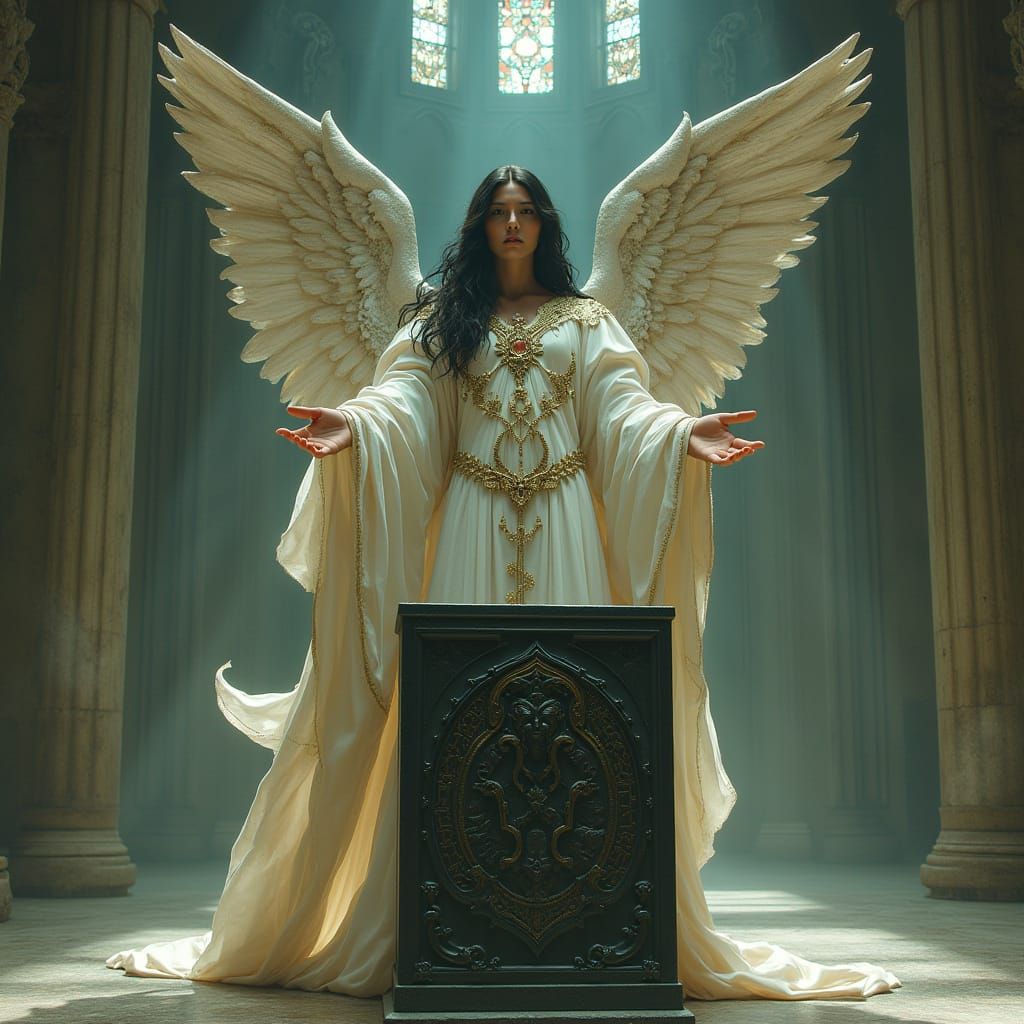 Majestic Archangel Guards Enigmatic Black Box in Cathedral