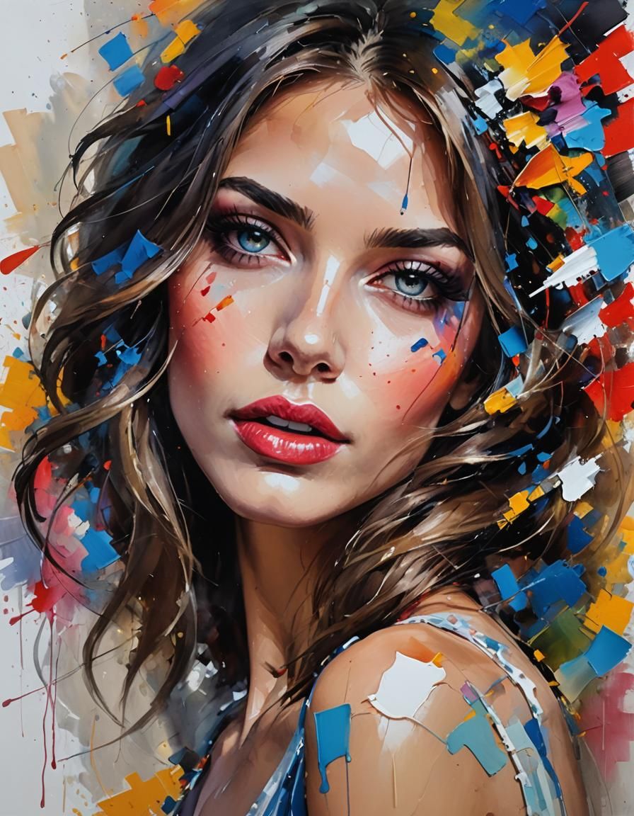 Beauty Portrait with Expressive Brushstrokes and Triadic Col...