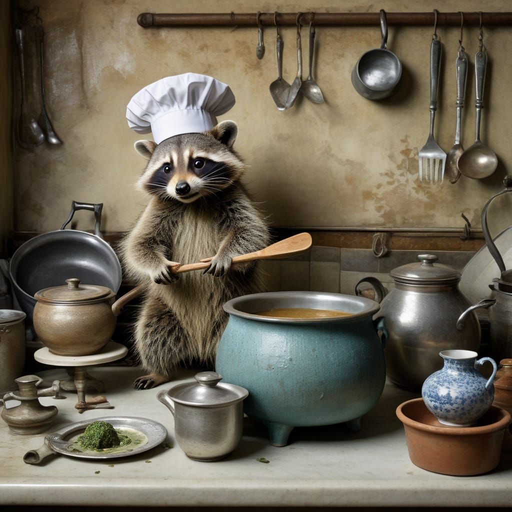 Whimsical Watercolor Scene of Raccoon in Dreamy Kitchen