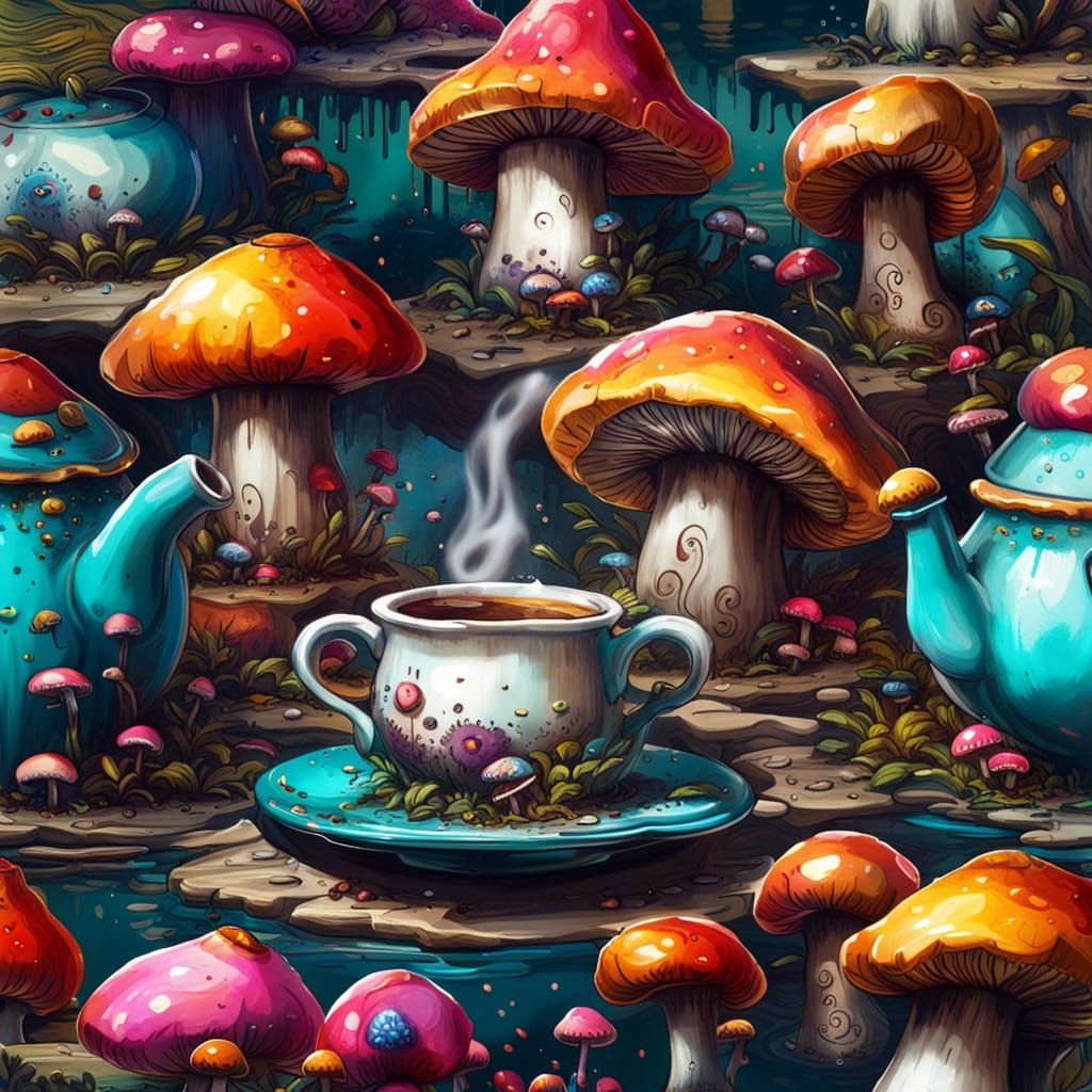 Mushroom Tea Set in Digital Matte Painting Style