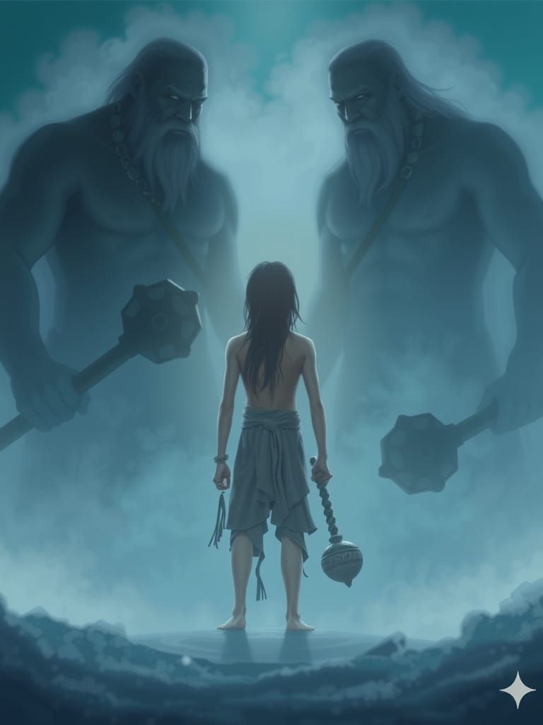 Mythic Scene of Giants in Glowing Blue Atmosphere