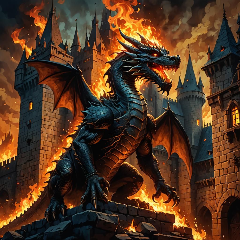 Medieval Dragon Flames Illustration in Frazetta Style