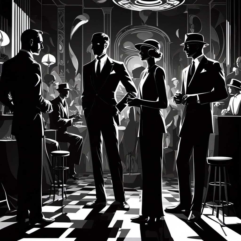 1920s Jazz Club Scene in Cubist Film Noir Style