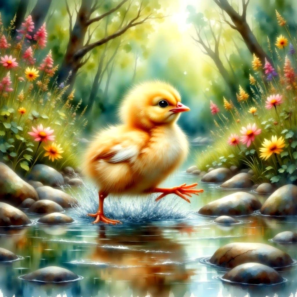 Chick's Playful Day in Antique Watercolor