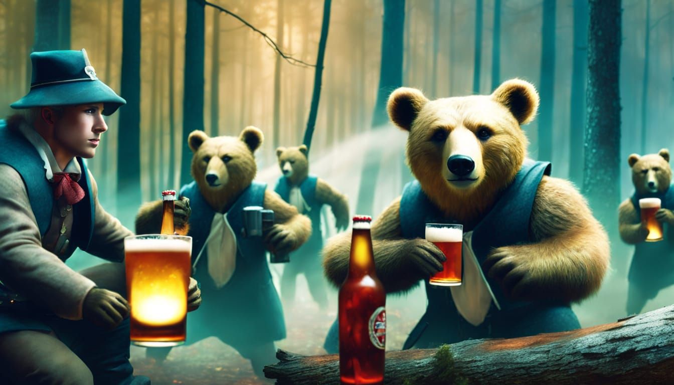 Teddy Bear Drinks Beer in Dark Fantasy Forest