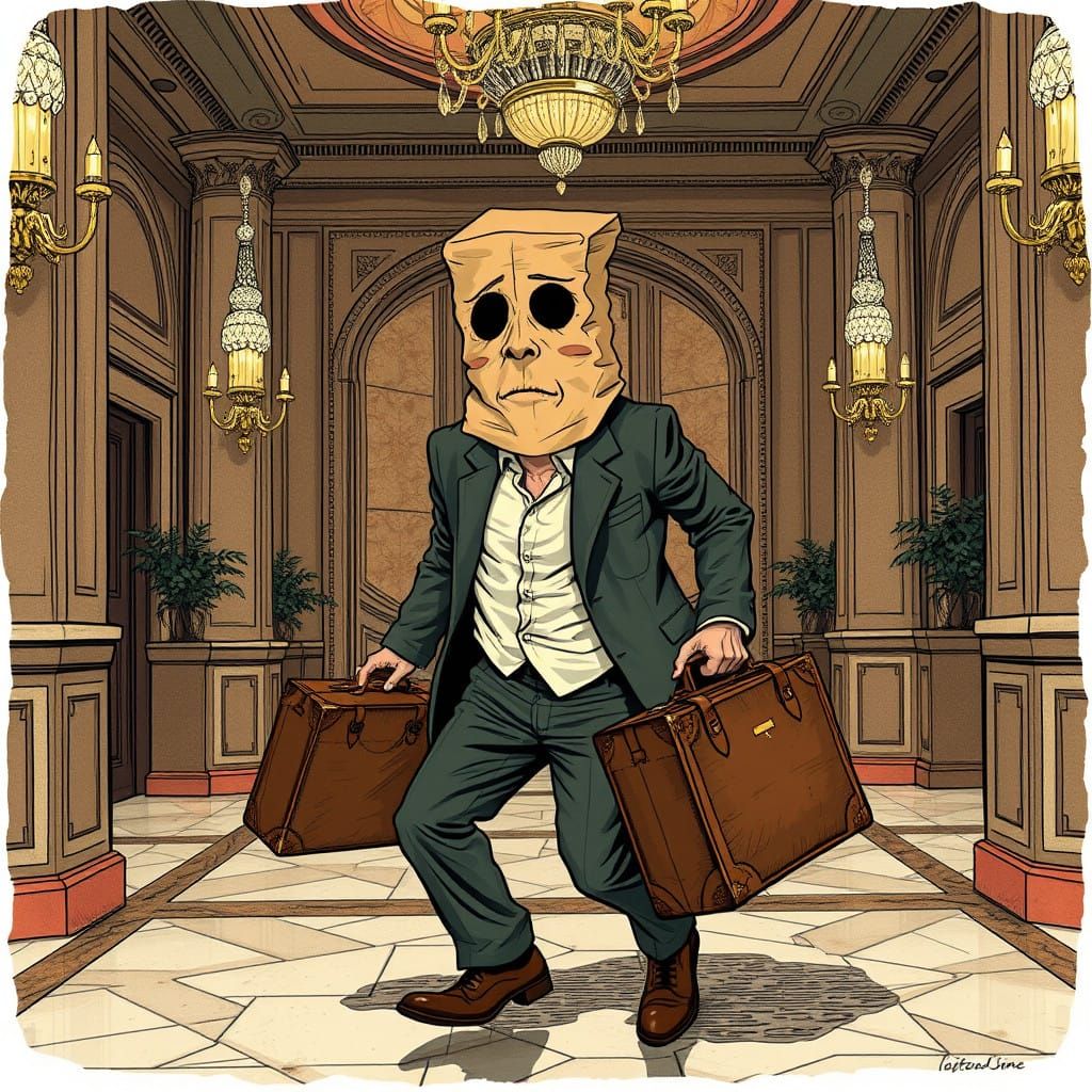 Disheveled Man Enters Gritty Hotel Lobby in Illustrative Sty...