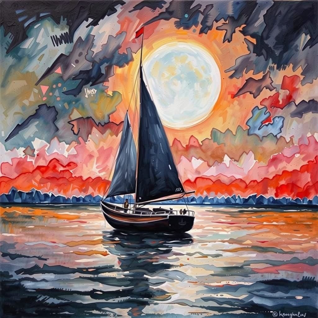 Sailboat Under Full Moon in Gouache Style