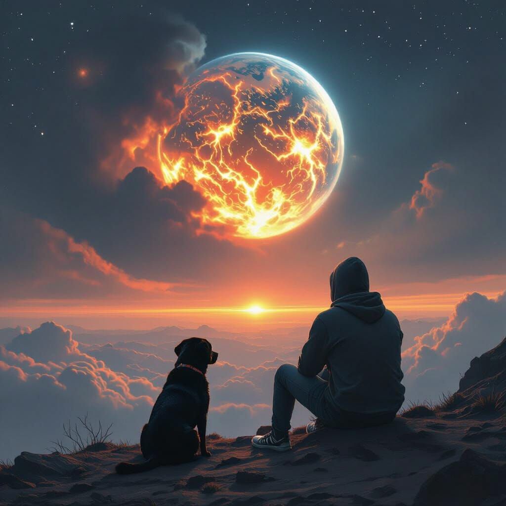 Man and Dog Watch Burning Earth from Alien Cliff