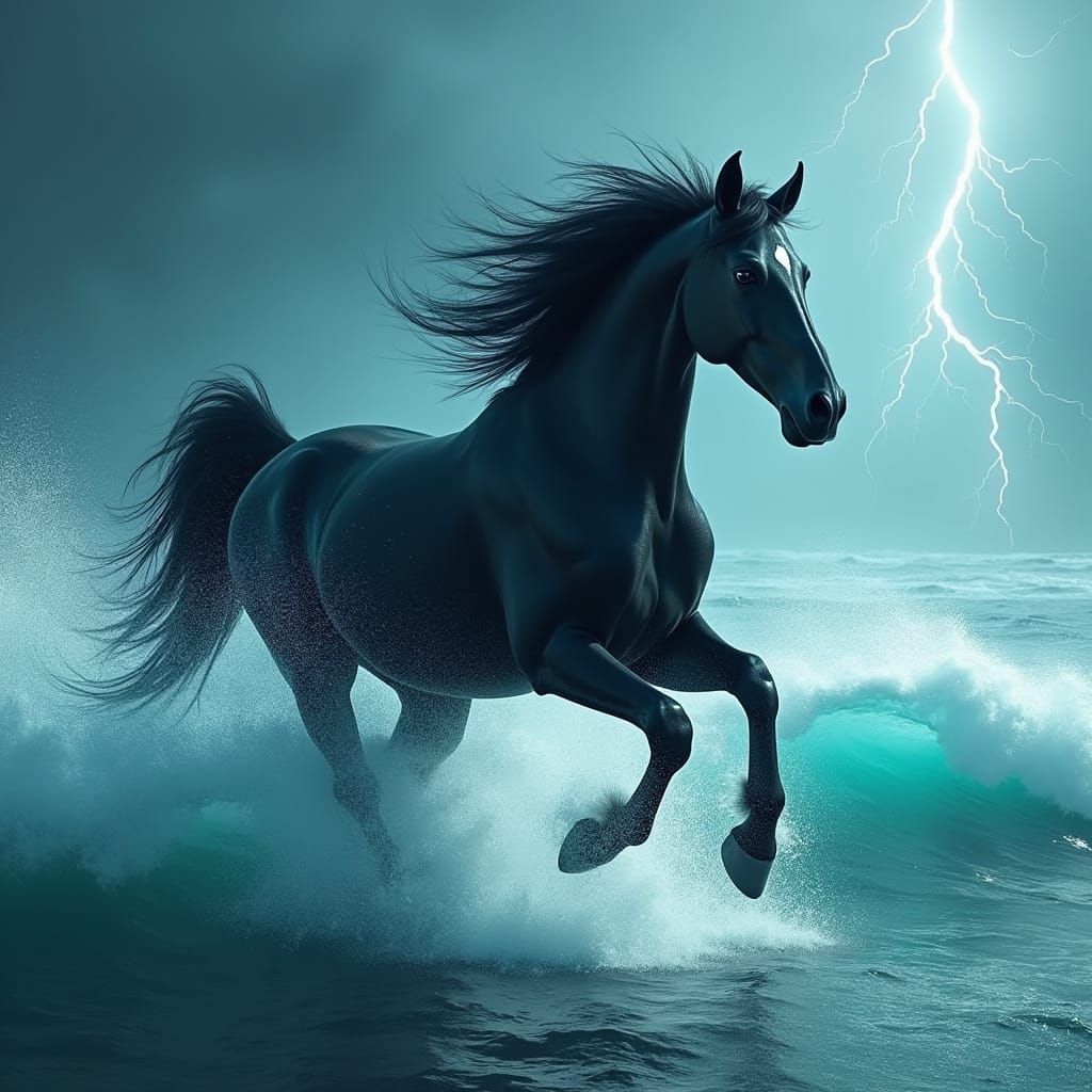 Majestic Black Stallion Galloping Through Lightning Ocean