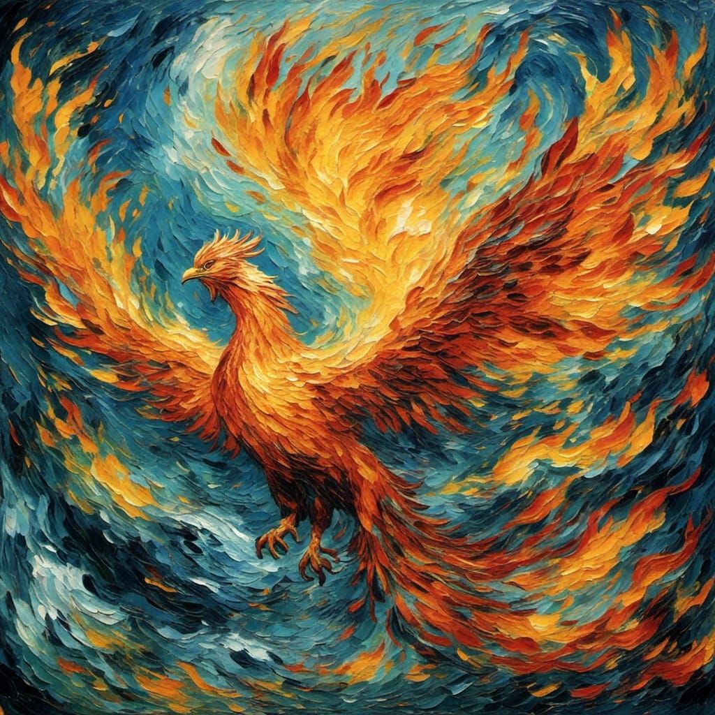 Fiery Phoenix Rising from Ashes in Glory