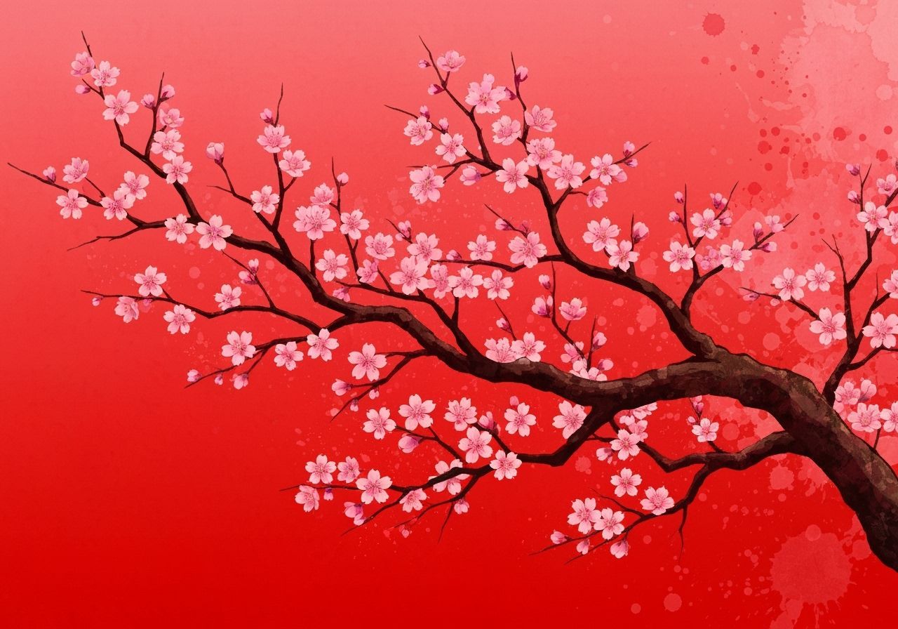 Blooming Cherry Tree in Japanese Woodblock Style