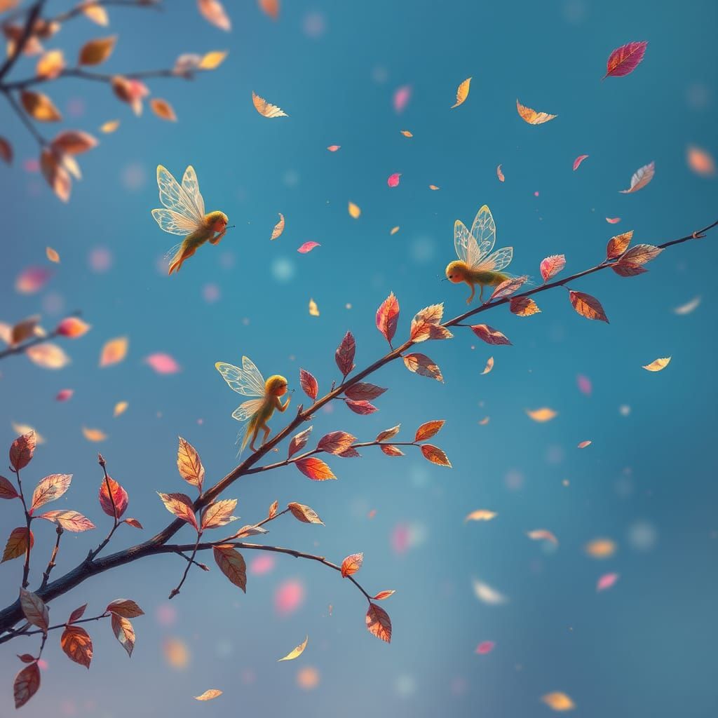 Magical Fairies Painting Leaves in Dreamlike World