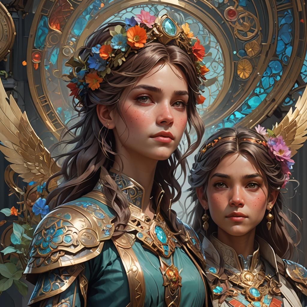 Detailed Sibling Portrait in Art Nouveau Style