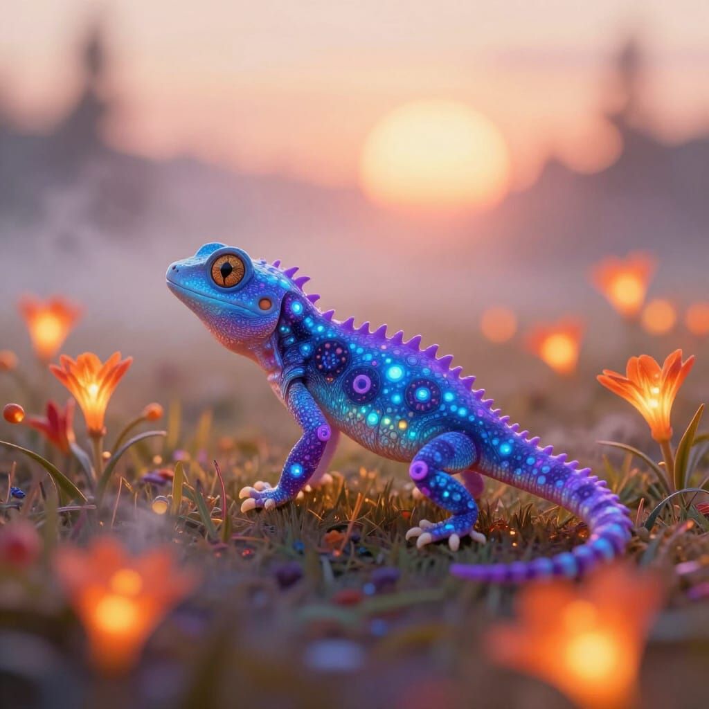 Bioluminescent Lizard in Fire Flower Field at Sunrise
