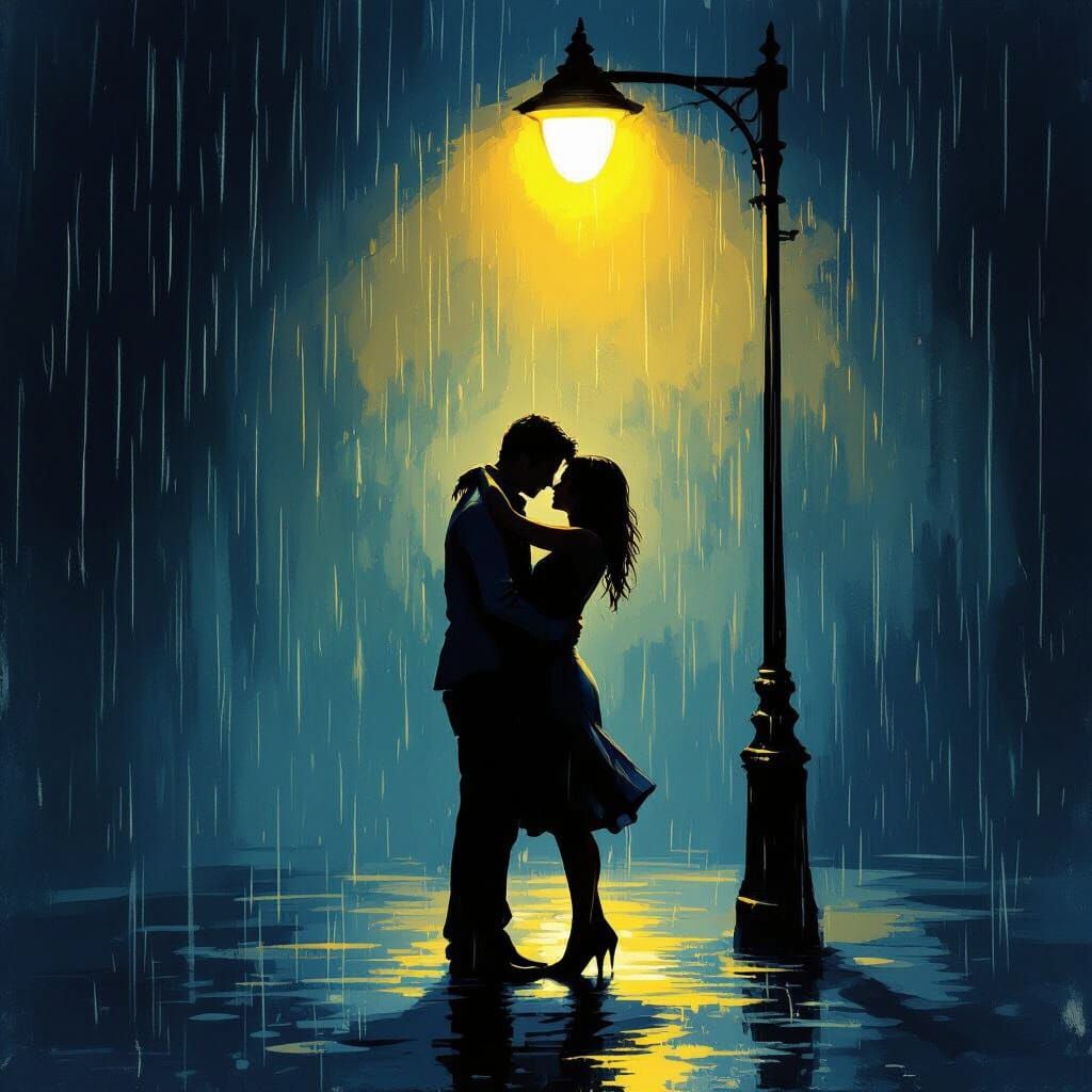 Lovers Embrace Under Streetlight in Rain