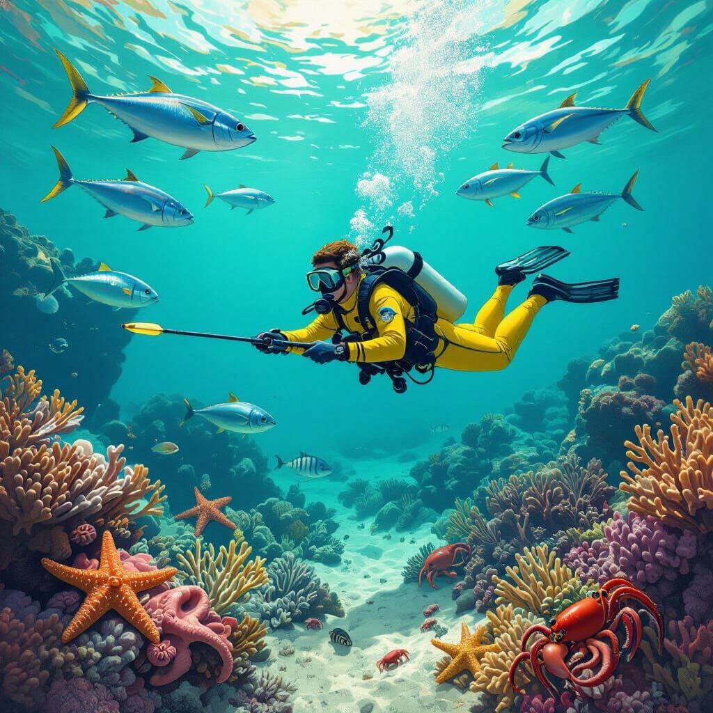 Underwater Hunt: Diver, Tuna, and Coral Reef Art