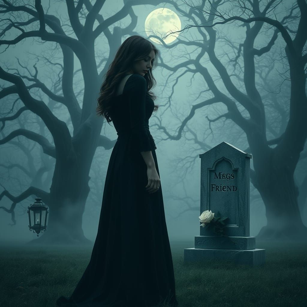 A Lonely Figure in a Forgotten Cemetery Under the Moonlight