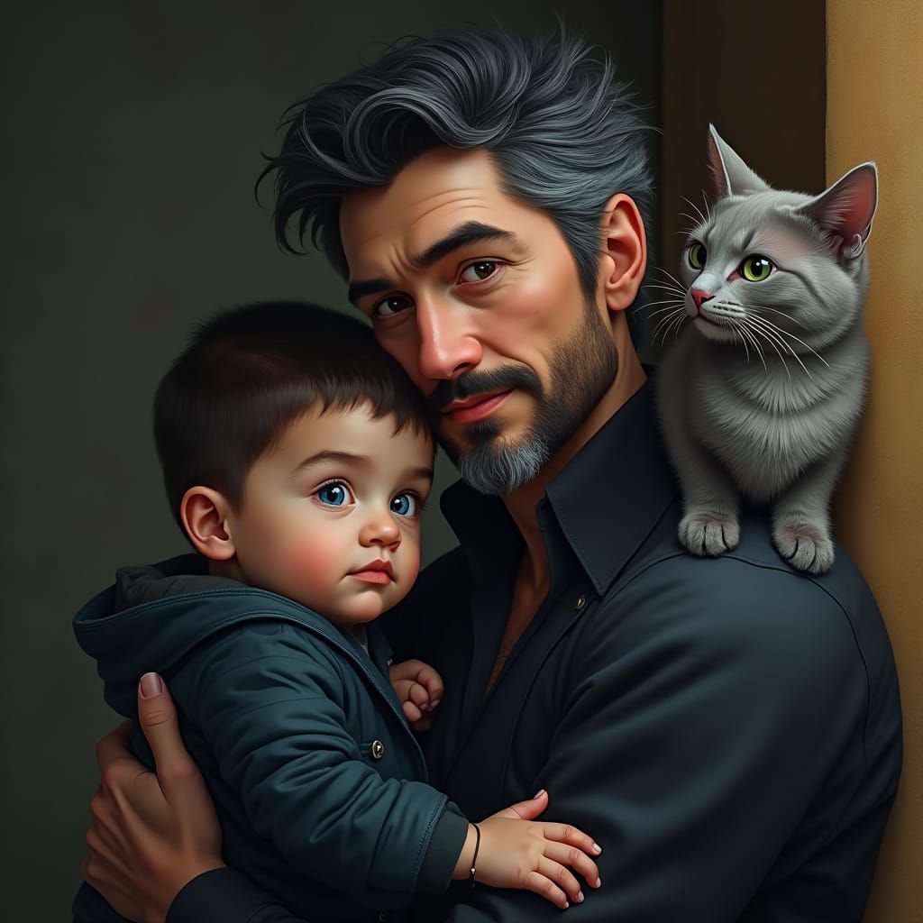 Gentle Father and Son Bond with Mysterious Feline Companion